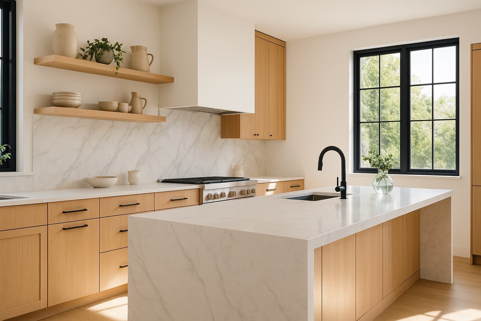 Kitchen with a white quartz waterfall island — Stone City countertop sale